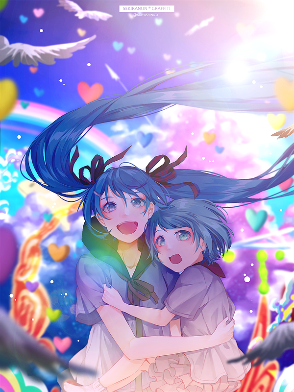 2girls :d aqua_eyes aqua_hair bird_wings blue_sky blurry carrying child clouds cloudy_sky commentary depth_of_field frilled_skirt frills hair_ribbon hatsune_miku heart lens_flare long_hair looking_at_viewer monicanc multiple_girls neck_ribbon open_mouth rainbow ribbon sailor_collar sekiranun_graffiti_(vocaloid) shiny_(module) shirt short_hair short_sleeves skirt sky smile song_name twintails twitter_username upper_body very_long_hair vocaloid white_shirt wings