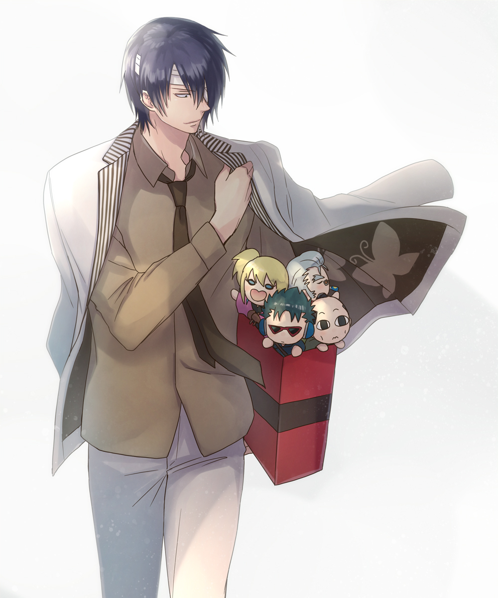 1boy animal_print bag bandaged_head bandages black_hair brown_neckwear brown_shirt butterfly_print collared_shirt da_raku dress_shirt gintama highres holding holding_bag jacket kawakami_bansai kijima_matako male_focus nizou_okada open_clothes open_jacket pants print_jacket shirt simple_background solo takasugi_shinsuke takechi_henpeita white_background white_jacket white_pants wing_collar