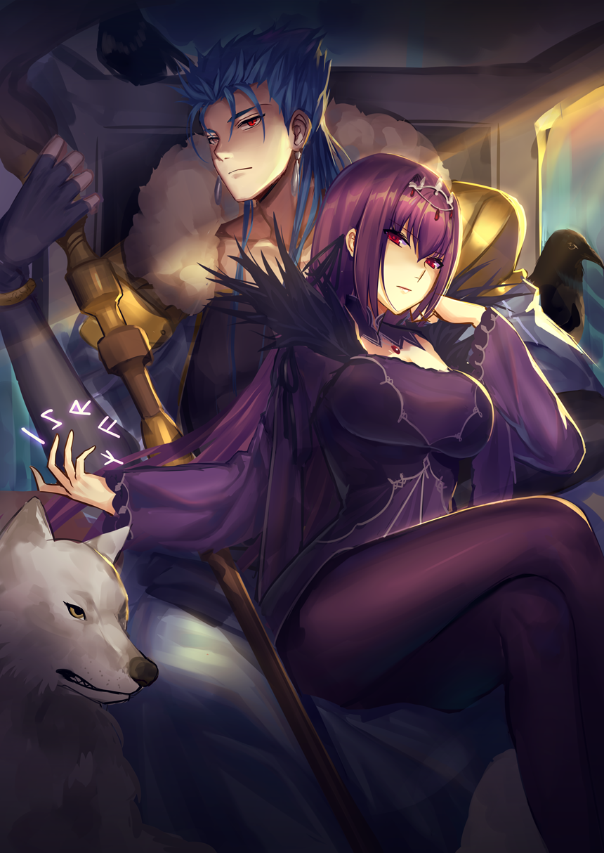 1boy 1girl black_gloves black_legwear blue_hair closed_mouth crossed_legs cu_chulainn_(fate/grand_order) dress earrings expressionless fate/grand_order fate_(series) fingerless_gloves gloves highres holding holding_staff jewelry k.k_(pixiv) lancer long_hair looking_at_viewer pantyhose purple_dress purple_hair red_eyes runes scathach_(fate)_(all) scathach_skadi_(fate/grand_order) sitting staff white_wolf wolf