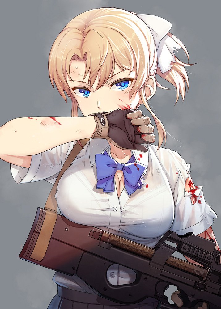 1girl blonde_girl_(itou) blonde_hair blood blood_on_face bloody_clothes blue_eyes bow bowtie bra bra_through_clothes breasts bullpup commentary_request gloves grey_background gun hair_ribbon injury itou_(onsoku_tassha) large_breasts looking_at_viewer original p90 ribbon shirt short_sleeves simple_background skirt solo submachine_gun torn_clothes torn_shirt underwear upper_body weapon white_ribbon white_shirt wiping_face