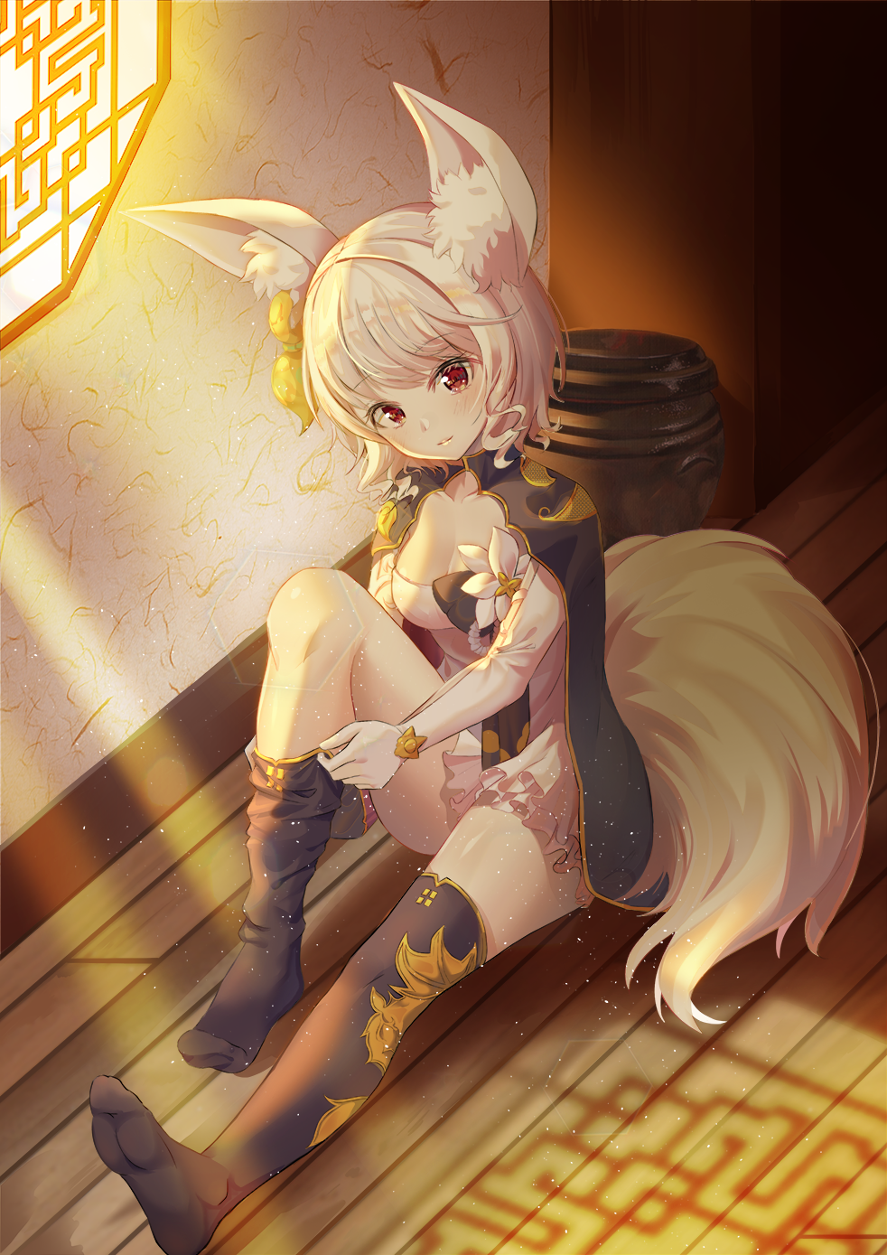 1girl animal_ear_fluff animal_ears bangs black_legwear blade_&amp;_soul blush closed_mouth collarbone commentary_request dress dressing eyebrows_visible_through_hair fox_ears fox_girl fox_tail hair_ornament head_tilt highres hyonee knee_up looking_at_viewer lyn_(blade_&amp;_soul) no_shoes on_floor original red_eyes silver_hair sitting smile soles solo sunlight tail thigh-highs thighhighs_pull white_dress window wooden_floor