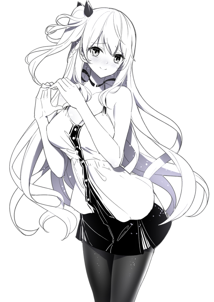 1girl bangs bare_arms bare_shoulders blush camisole choker closed_mouth collarbone eyebrows_visible_through_hair greyscale hair_between_eyes hair_ribbon hands_up head_tilt heart heart_hands long_hair looking_at_viewer monochrome one_side_up original pantyhose pleated_skirt ribbon ririko_(zhuoyandesailaer) simple_background skirt smile solo very_long_hair white_background