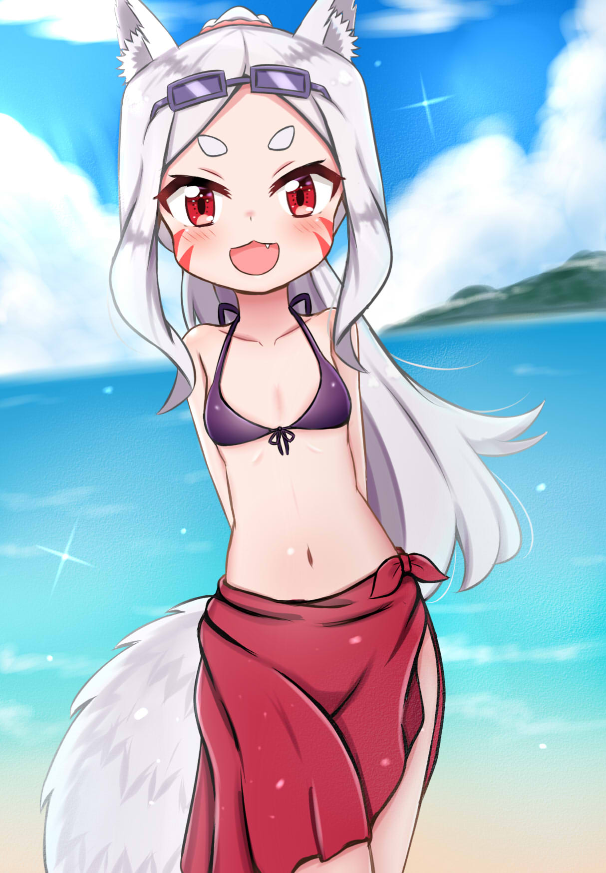1girl :3 :d animal_ear_fluff animal_ears arms_behind_back bangs bare_shoulders bikini bikini_top blue_sky blurry blurry_background blush cleavage clouds cloudy_sky collarbone commentary_request day depth_of_field eyewear_on_head fang female female_focus forehead fox_ears fox_girl fox_tail front-tie_top halter_top halterneck happy high_ponytail highres horizon jiu_(sdesd3205) long_hair navel ocean open_mouth outdoors pale_skin parted_bangs ponytail purple-framed_eyewear purple_bikini purple_bikini_top red_eyes red_sarong sarong sewayaki_kitsune_no_senko-san shiny shiny_skin shiro_(sewayaki_kitsune_no_senko-san) short_eyebrows sidelocks silver_hair sky smile solo standing sunglasses tail thick_eyebrows v-shaped_eyebrows very_long_hair water whisker_markings white_fur white_hair white_tail