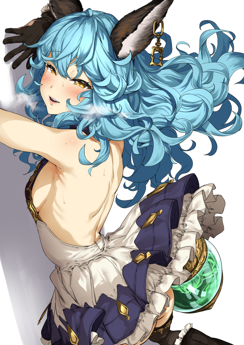 animal_ears armpits back backless_outfit bare_back black_gloves blue_hair blue_skirt blush breasts brown_eyes commentary_request earrings erune ferry_(granblue_fantasy) gloves granblue_fantasy jewelry long_hair looking_at_viewer pija_(pianiishimo) rabbit_ears sideboob skirt small_breasts wavy_hair