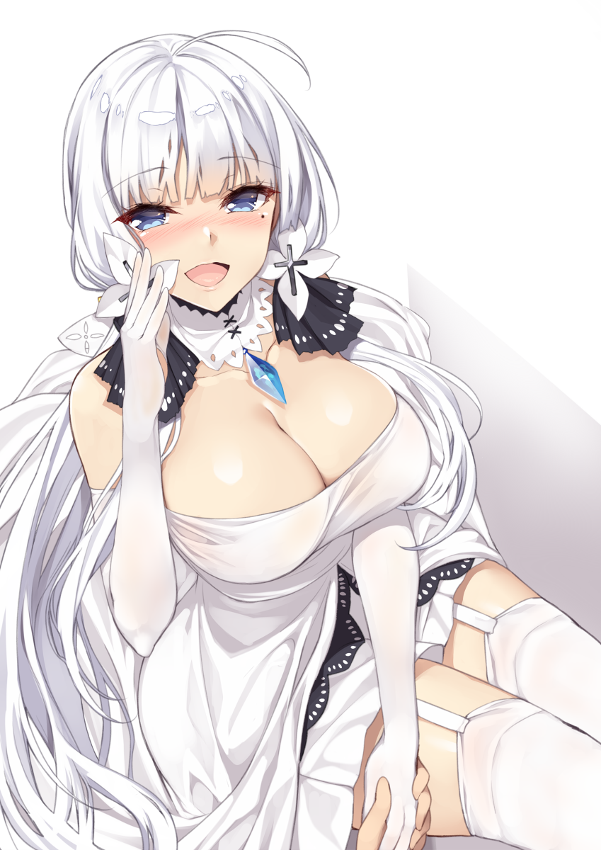 1girl ahoge azur_lane blush breasts commentary_request dress elbow_gloves eyebrows_visible_through_hair from_above garter_straps gloves hair_ribbon hands highres holding_hands illustrious_(azur_lane) large_breasts lips long_hair looking_at_viewer low_ponytail low_twintails mole mole_under_eye nose_blush open_mouth out_of_frame pov pov_hands ribbon short_dress sidelocks sitting solo_focus strapless strapless_dress thigh-highs tress_ribbon tri_tails twintails white_dress white_gloves white_hair white_legwear yappen