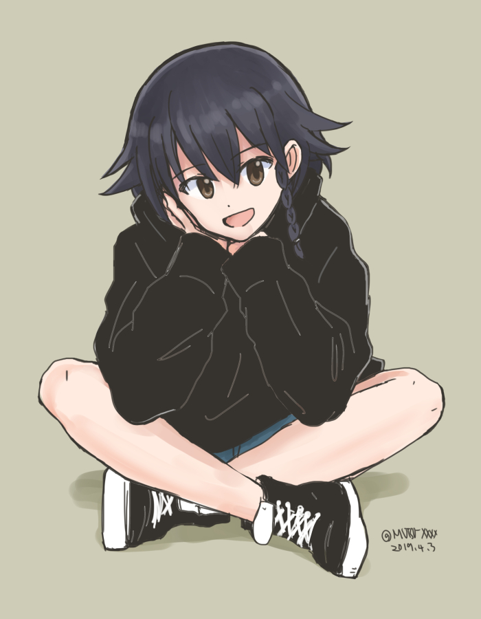 1girl bangs black_hair black_shirt blue_shorts braid brown_background brown_eyes casual chin_rest commentary cross-laced_footwear dated full_body girls_und_panzer hair_tie head_tilt indian_style long_sleeves looking_at_viewer mutsu_(layergreen) no_legwear open_mouth pepperoni_(girls_und_panzer) shadow shirt shoes short_hair shorts side_braid simple_background sitting smile sneakers solo twitter_username