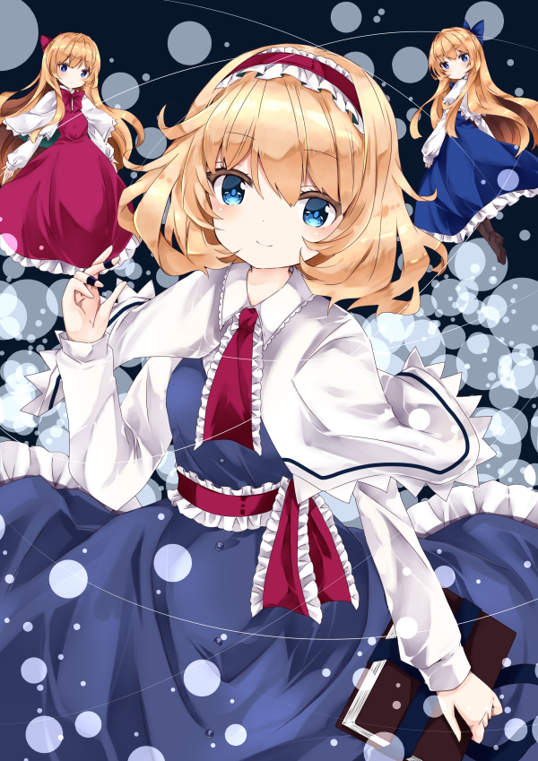 3girls alice_margatroid bangs blonde_hair blue_bow blue_dress blue_eyes book boots bow brown_footwear capelet closed_mouth commentary_request dress eyebrows_visible_through_hair frilled_hairband frills hair_between_eyes hair_bow hairband holding holding_book hourai_doll long_sleeves minigirl multiple_girls nanase_nao red_bow red_dress red_hairband shanghai_doll sleeveless sleeveless_dress smile touhou white_capelet
