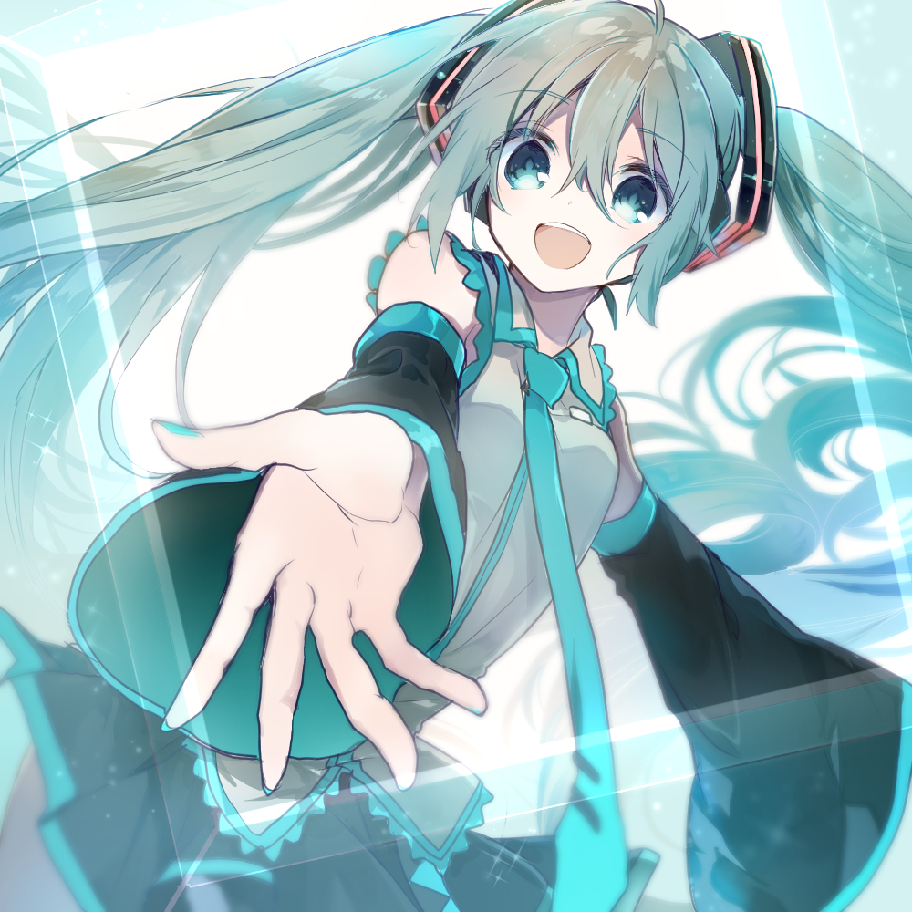 1girl aqua_neckwear backlighting bangs bare_shoulders black_skirt black_sleeves blush breasts collared_shirt commentary cyawa detached_sleeves eyebrows_visible_through_hair green_eyes green_hair grey_shirt hair_between_eyes hair_ornament hatsune_miku headphones long_hair long_sleeves looking_at_viewer necktie outstretched_arm pleated_skirt shirt skirt sleeveless sleeveless_shirt small_breasts solo symbol_commentary twintails upper_teeth very_long_hair vocaloid