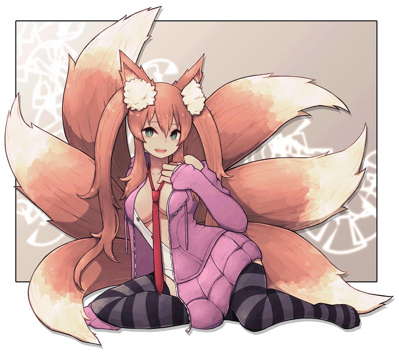 1girl animal_ear_fluff animal_ears between_breasts black_legwear breasts brown_hair fox_ears fox_girl fox_tail full_body green_eyes highres lamb-oic029 large_breasts long_hair looking_at_viewer multiple_tails necktie necktie_between_breasts open_clothes open_mouth original pink_cardigan plushmallow red_neckwear sitting sleeves_past_wrists smile solo striped striped_legwear tail thigh-highs twintails yokozuwari