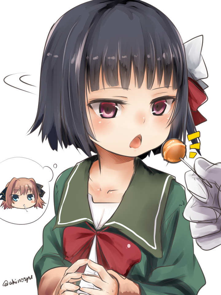 1girl akino_shuu black_hair black_ribbon bow brown_hair candy chestnut_mouth comma food food_in_mouth gloves green_jacket green_sailor_collar hachijou_(kantai_collection) hair_bow hair_ribbon holding holding_food holding_lollipop ishigaki_(kantai_collection) jacket kantai_collection lollipop long_sleeves looking_away looking_to_the_side mouth_hold open_mouth out_of_frame red_bow red_eyes ribbon sailor_collar short_hair simple_background solo_focus spoken_character steepled_fingers twitter_username upper_body white_background white_bow white_gloves