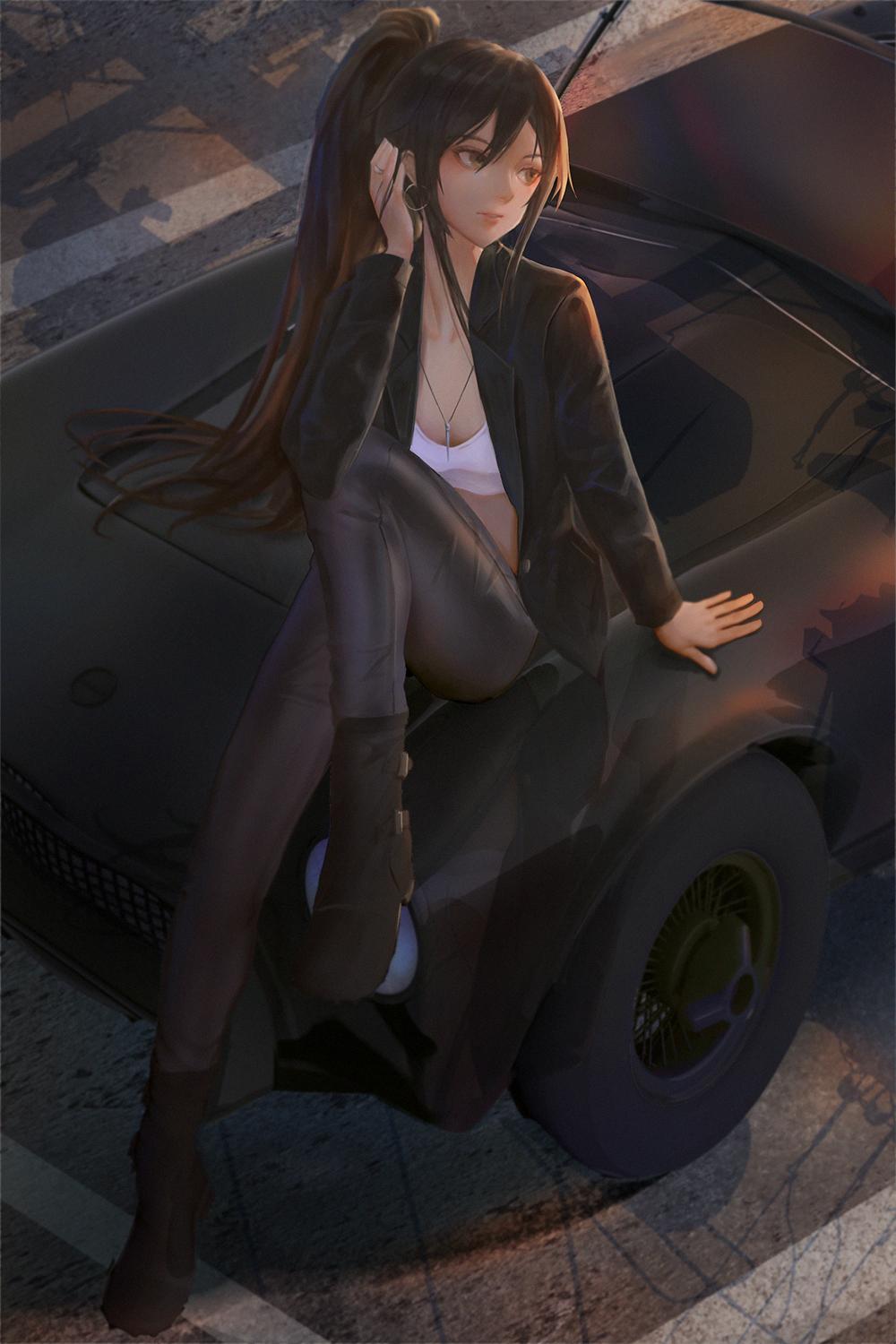 1girl bangs black_footwear black_hair black_jacket closed_mouth commentary_request earrings from_above ground_vehicle hair_between_eyes high_ponytail highres idolmaster idolmaster_shiny_colors jacket jeep jewelry long_hair motor_vehicle nagamerin necklace ponytail road shirase_sakuya shirt sidelocks sitting street tire white_shirt yellow_eyes