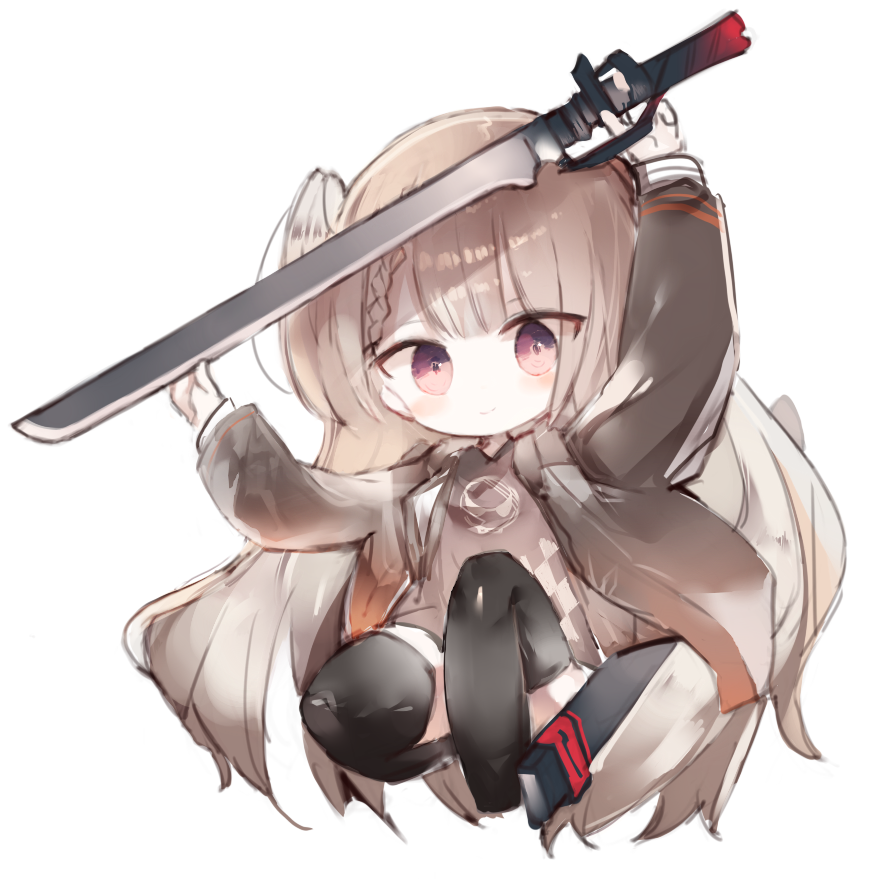 1girl arm_up bangs black_legwear braid brown_dress brown_hair brown_jacket chibi closed_mouth commentary_request dress eyebrows_visible_through_hair full_body hand_up holding holding_sword holding_weapon jacket knee_up kotatu_(akaki01aoki00) long_hair long_sleeves no_shoes one_side_up open_clothes open_jacket original red_eyes sheath simple_background smile solo sword thigh-highs unsheathed very_long_hair weapon white_background