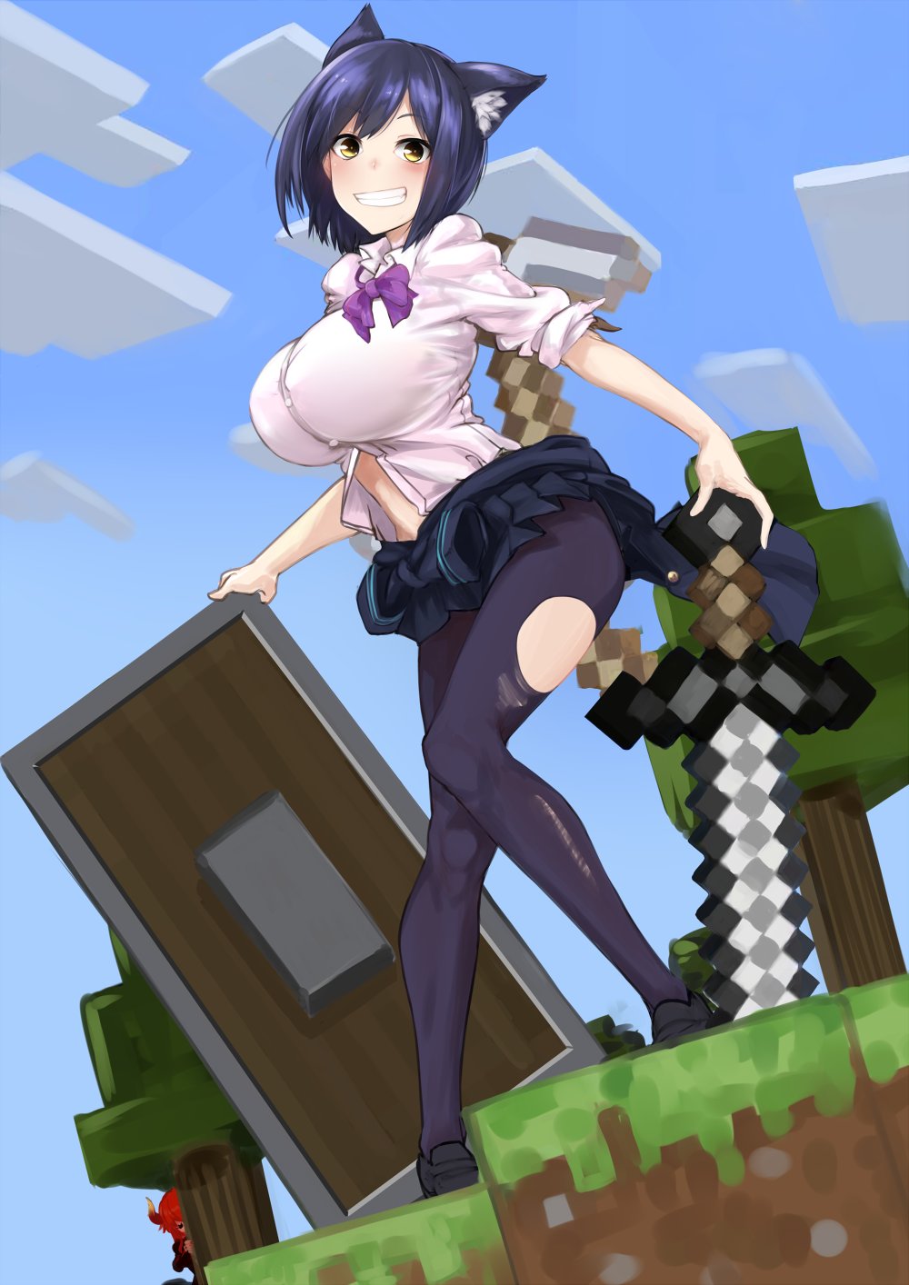 2girls bangs behind_tree blush bow bowtie breasts commentary dola_(nijisanji) dragon_horns full_body grin highres holding holding_sword holding_weapon horns huge_breasts legs long_hair looking_at_viewer loose_neckwear minecraft miniskirt multiple_girls nijisanji outdoors pantyhose partially_unbuttoned purple_bow redhead school_uniform shizuka_rin short_hair skirt smile sword thighs torn_clothes torn_legwear tree virtual_youtuber wantsupanchi!! weapon yellow_eyes