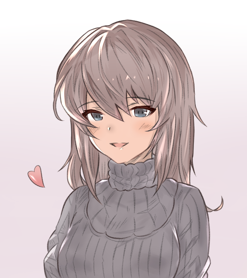 1girl arutoria_(187497382) bangs blue_eyes commentary eyebrows_visible_through_hair girls_und_panzer gradient gradient_background grey_sweater itsumi_erika light_blush lips long_hair looking_at_viewer open_mouth pink_background portrait ribbed_sweater silver_hair smile solo sweater turtleneck