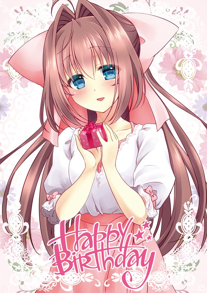 1girl ahoge asakura_otome blue_eyes blush bow box breasts brown_hair collarbone commentary_request da_capo da_capo_ii eyebrows_visible_through_hair floral_background frills gift gift_box hair_between_eyes hair_bow happy_birthday head_tilt holding holding_gift kayura_yuka long_hair looking_at_viewer open_mouth pink_bow pink_skirt shirt short_sleeves skirt small_breasts smile solo upper_body white_shirt