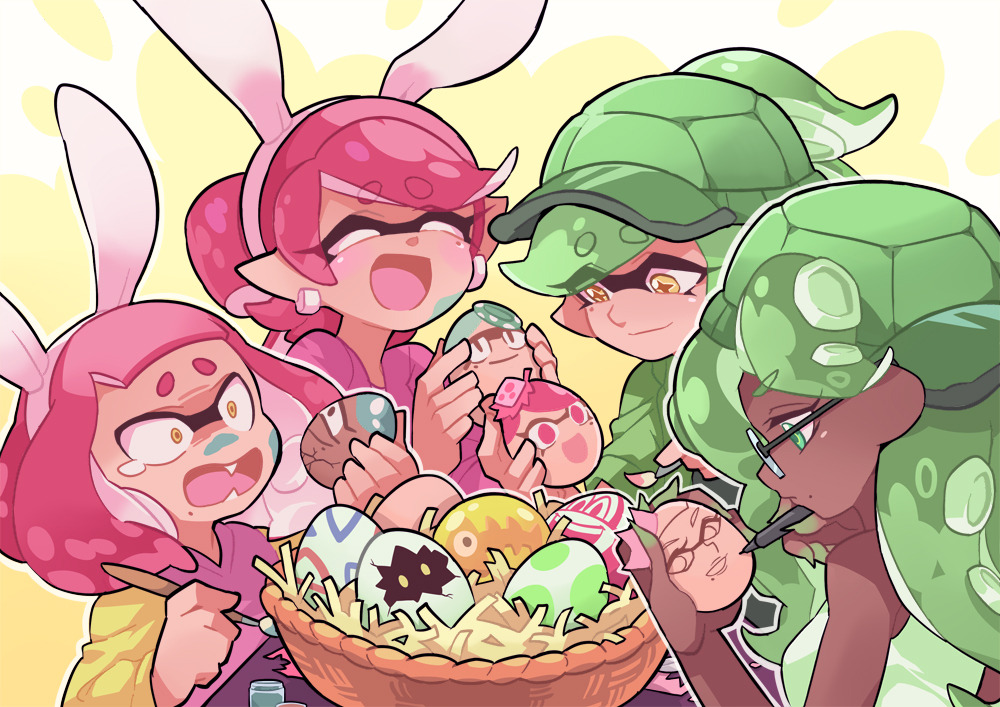 +_+ 4girls alternate_hair_color alternate_headwear animal_ears aori_(splatoon) bangs baseball_cap basket bespectacled blunt_bangs brown_eyes calligraphy_brush closed_eyes closed_mouth commentary constricted_pupils cousins dark_skin domino_mask earrings easter_egg egg english_commentary fake_animal_ears fangs frown glasses green_eyes green_hair green_headwear green_shirt hat hime_(splatoon) holding holding_brush holding_egg holding_pen hotaru_(splatoon) iida_(splatoon) jewelry laughing leaning_forward long_sleeves mask mole mole_under_eye mole_under_mouth multicolored multicolored_skin multiple_girls open_mouth paint_on_face paintbrush painting pen pink_hair pink_shirt rabbit_ears shirt sleeveless sleeveless_shirt smile splatoon_(series) splatoon_2 tearing_up tentacle_hair turtle_shell wong_ying_chee
