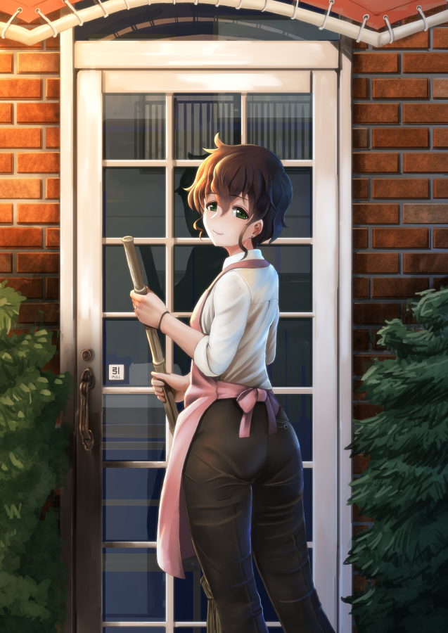 1girl abazu-red akiyama_yoshiko apron bamboo_broom black_pants brick_wall broom brown_eyes brown_hair building bush closed_mouth collared_shirt commentary day door earrings eyebrows_visible_through_hair girls_und_panzer half-closed_eyes holding holding_broom jewelry long_sleeves looking_at_viewer looking_back mature messy_hair outdoors pants pink_apron shirt short_hair sleeves_rolled_up smile solo stud_earrings white_shirt