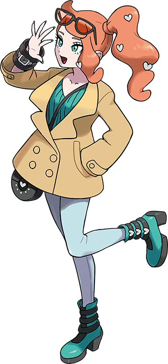 1girl aqua_eyes aqua_nails bag blue_footwear boots brown_coat coat denim green_shirt heart jeans long_hair long_sleeves nail_polish official_art open_mouth orange_hair pants pokemon pokemon_(game) pokemon_swsh shirt side_ponytail sonia_(pokemon) standing standing_on_one_leg