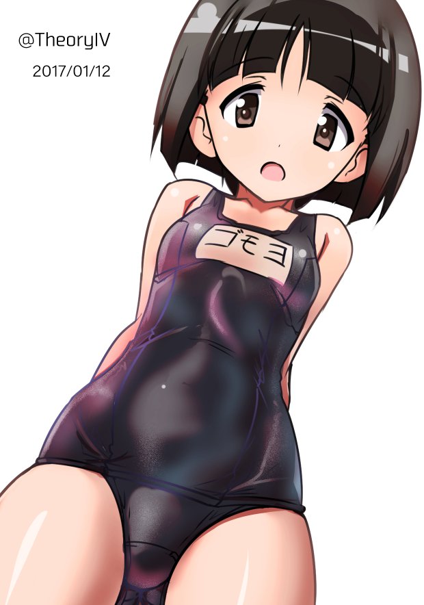 1girl :o aegis_(nerocc) arms_behind_back bangs black_eyes black_hair blue_swimsuit blunt_bangs bob_cut character_name commentary crotch_seam dated dutch_angle eyebrows_visible_through_hair girls_und_panzer gotou_moyoko looking_at_viewer looking_down name_tag one-piece_swimsuit open_mouth school_swimsuit short_hair solo standing swimsuit twitter_username