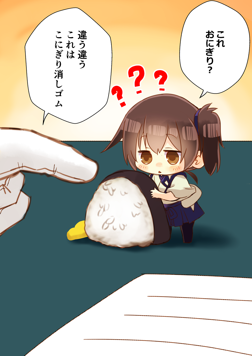 1girl ? admiral_(kantai_collection) artist_name black_legwear blue_hakama blush brown_eyes brown_hair chibi commentary_request eyebrows_visible_through_hair hair_between_eyes hakama hakama_skirt highres japanese_clothes kaga_(kantai_collection) kantai_collection minigirl open_mouth paper short_hair side_ponytail standing taisa_(kari) tasuki thigh-highs translated triangle_mouth