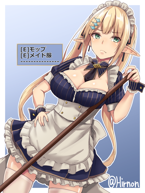 1girl blonde_hair blue_background breasts broom cuffs elf eyebrows_visible_through_hair frilled_skirt frills gradient gradient_background green_eyes hand_on_hip headpiece hiruno large_breasts maid maid_day maid_dress maid_headdress miniskirt original pointy_ears pout pouty_lips skirt twintails