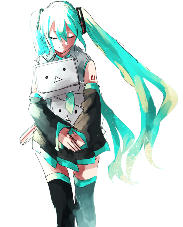 1girl bare_shoulders black_legwear black_skirt blue_hair blue_neckwear closed_eyes detached_sleeves feet_out_of_frame floating_hair grey_shirt hair_between_eyes happy hatsune_miku holding light_smile long_hair mope necktie niconico number_tattoo shirt shoulder_tattoo simple_background skirt sleeveless sleeveless_shirt solo tattoo terebi-chan thigh-highs twintails vocaloid walking white_background zettai_ryouiki