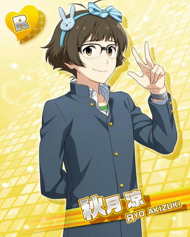 akizuki_ryou blue_eyes brown_hair character_name glasses idolmaster idolmaster_side-m short_hair smile