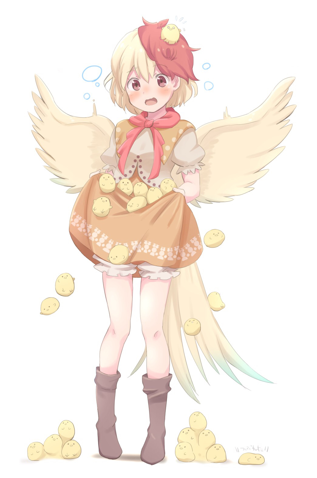 1girl bird bird_tail bird_wings blonde_hair bloomers blush boots brown_footwear capelet chick dress eyebrows_visible_through_hair flying_sweatdrops full_body head_tilt highres kototoki_(user_ysym5287) layered_dress looking_at_viewer multicolored_hair niwatari_kutaka open_mouth puffy_short_sleeves puffy_sleeves red_eyes red_neckwear redhead scarf short_hair short_sleeves skirt skirt_basket skirt_lift solo standing touhou two-tone_hair underwear wings