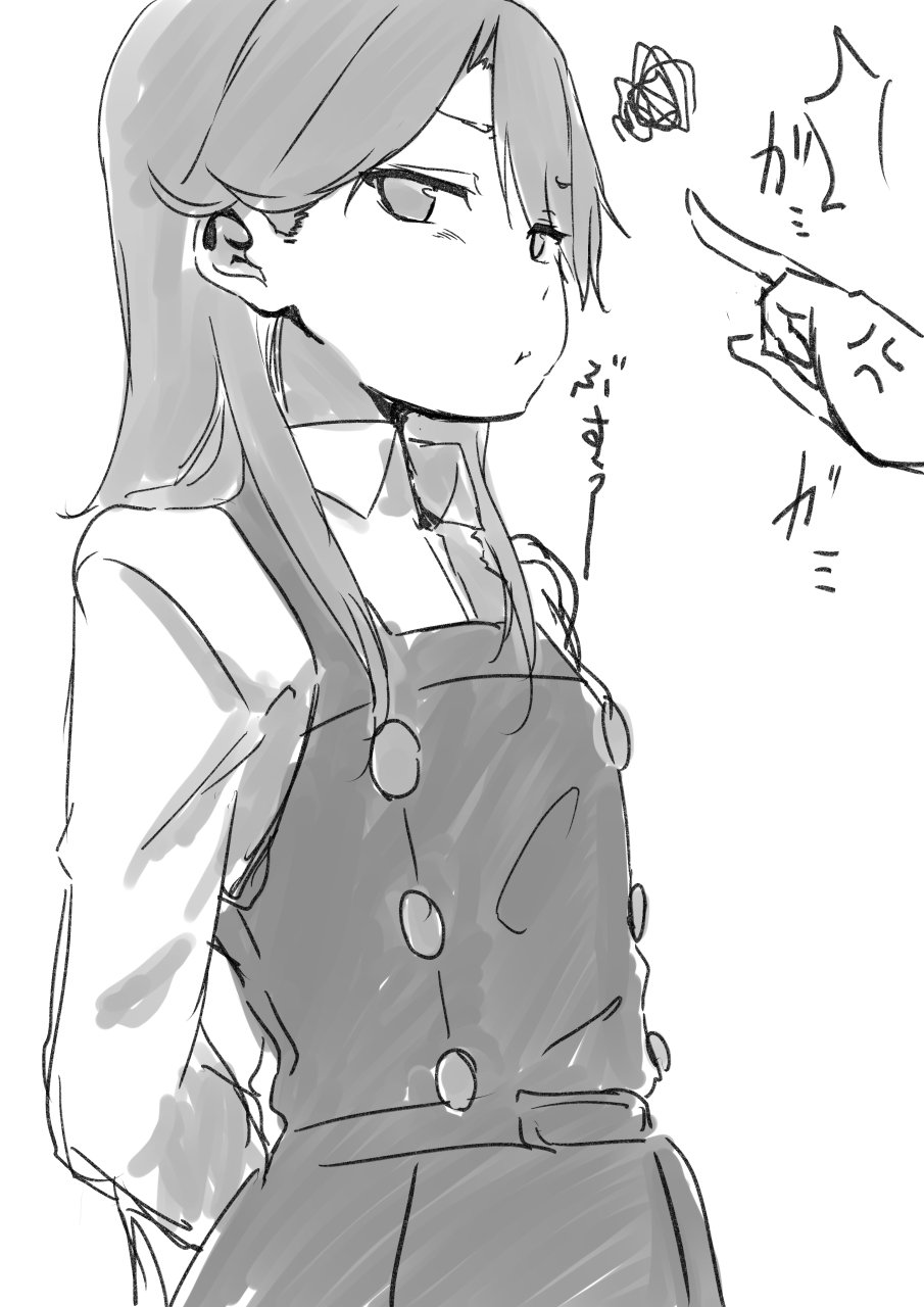 /\/\/\ 1girl anger_vein angry arashio_(kantai_collection) arms_behind_back bangs belt blush buttons closed_mouth collared_shirt commentary dress eyebrows_visible_through_hair eyes_visible_through_hair frown greyscale hair_over_shoulder highres kantai_collection long_hair long_sleeves looking_away monochrome pinafore_dress pointing puffy_cheeks rakisuto remodel_(kantai_collection) shirt simple_background skirt squiggle swept_bangs upper_body white_background