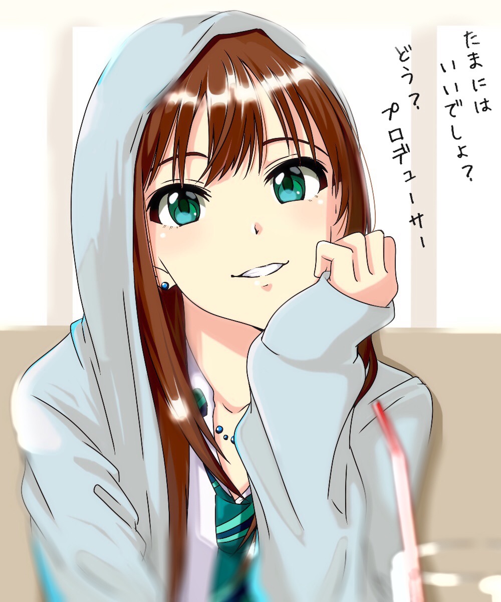 1girl brown_hair chin_rest collarbone drinking_straw earrings green_eyes green_neckwear grey_jacket grin highres hood hooded_jacket idolmaster idolmaster_cinderella_girls jacket jewelry long_hair long_sleeves looking_at_viewer necklace necktie open_clothes open_jacket shibuya_rin shiki_(0802makimari) shiny shiny_hair shirt smile solo striped striped_neckwear upper_body white_background white_shirt