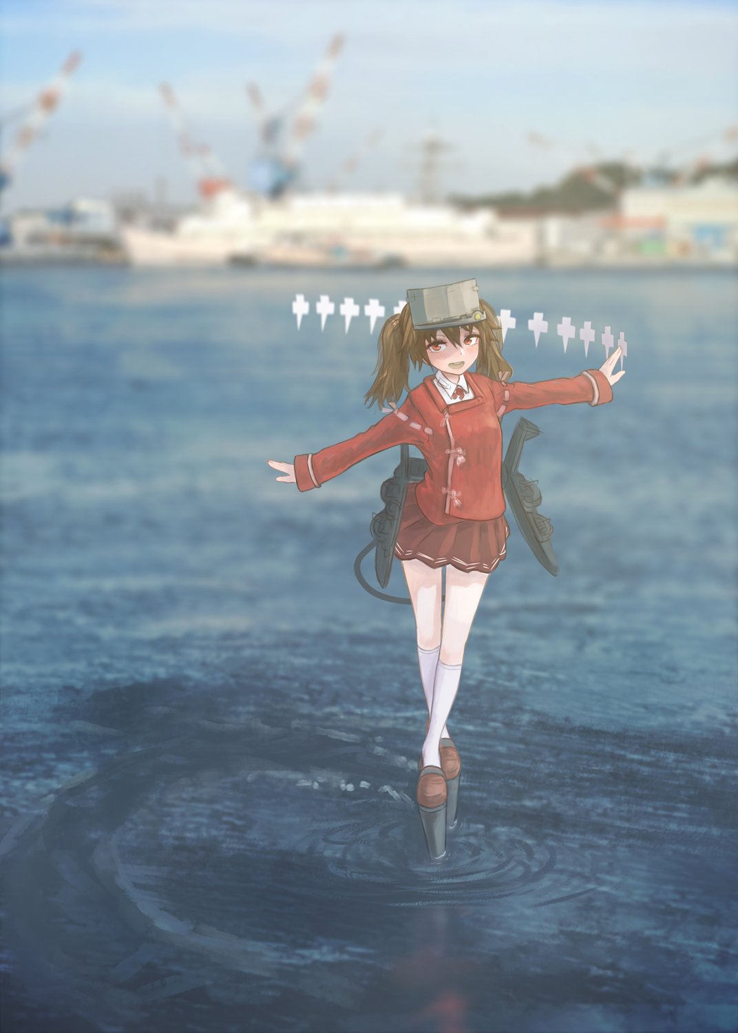 1girl blue_sky blurry blurry_background brown_footwear brown_hair brown_skirt clouds cloudy_sky collar day depth_of_field double_horizontal_stripe highres jacket kantai_collection long_sleeves looking_at_viewer miniskirt neck_ribbon nito_(nshtntr) onmyouji open_mouth outdoors outstretched_arms photo_background platform_footwear pleated_skirt print_skirt red_jacket red_neckwear ribbon rigging ryuujou_(kantai_collection) shikigami shirt skirt sky smile socks solo spread_arms standing standing_on_liquid twintails visor_cap water white_legwear white_shirt