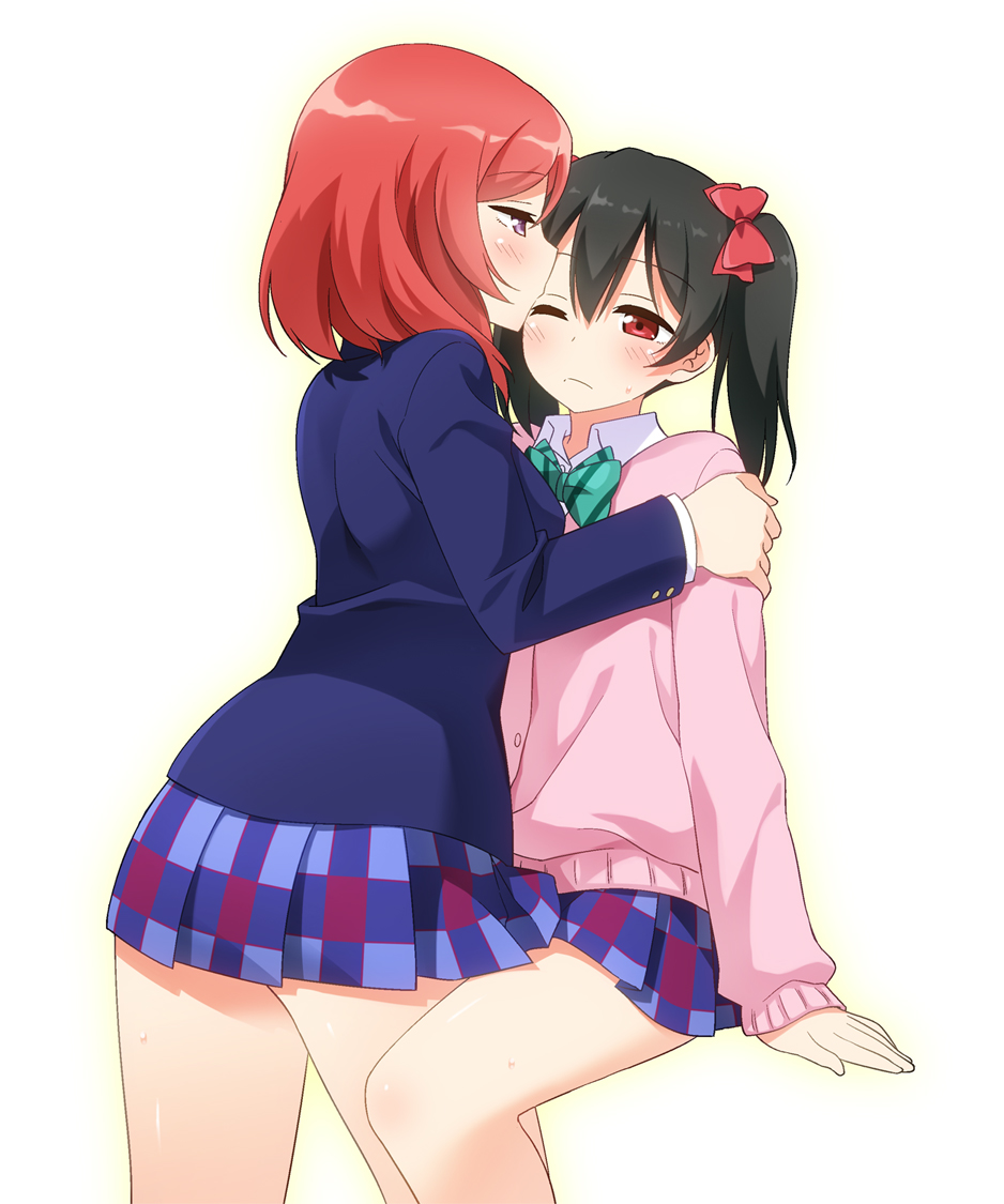 2girls bangs black_hair blazer blue_skirt blush bow bowtie forehead_kiss frown green_neckwear hair_bow hands_on_another's_shoulders invisible_chair jacket kiss long_sleeves love_live! love_live!_school_idol_project miniskirt multiple_girls navy_blue_jacket nishikino_maki pink_cardigan plaid plaid_skirt red_bow red_eyes redhead sitting skirt striped striped_neckwear sweatdrop twintails umekichi violet_eyes yazawa_nico yuri