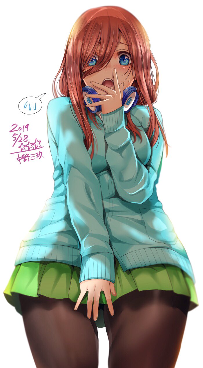 1girl bangs blue_cardigan blue_eyes blush breasts brown_hair cardigan collared_shirt commentary_request from_below go-toubun_no_hanayome green_skirt hair_between_eyes headphones headphones_around_neck highres hoshi_san_3 large_breasts long_sleeves looking_at_viewer medium_hair nakano_miku open_mouth pantyhose shirt skirt thighs translated white_shirt