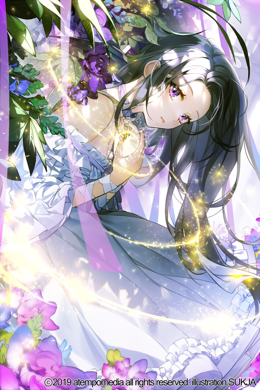 1girl bare_shoulders black_hair company_name copyright_request dated dress flower frilled_dress frills highres long_hair looking_at_viewer official_art solo standing sukja very_long_hair violet_eyes white_dress