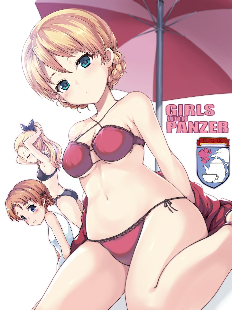 3girls adjusting_hair arms_up assam assam_(girls_und_panzer) bangs beach_umbrella bikini black_bikini black_bow black_ribbon blonde_hair blue_eyes blush bow braid breasts closed_eyes closed_mouth commentary copyright_name darjeeling darjeeling_(girls_und_panzer) dutch_angle emblem fading frilled_bikini frills from_side frown girls_und_panzer hair_bow hair_pulled_back hair_ribbon highres jacket jacket_pull kasai_shin leaning_back legs medium_breasts multiple_girls navel o-ring o-ring_bikini one-piece_swimsuit orange_pekoe orange_pekoe_(girls_und_panzer) ponytail red_bikini red_jacket red_umbrella ribbon shadow short_hair side-tie_bikini sitting st._gloriana's_(emblem) standing swimsuit tied_hair twin_braids umbrella wariza white_background white_swimsuit