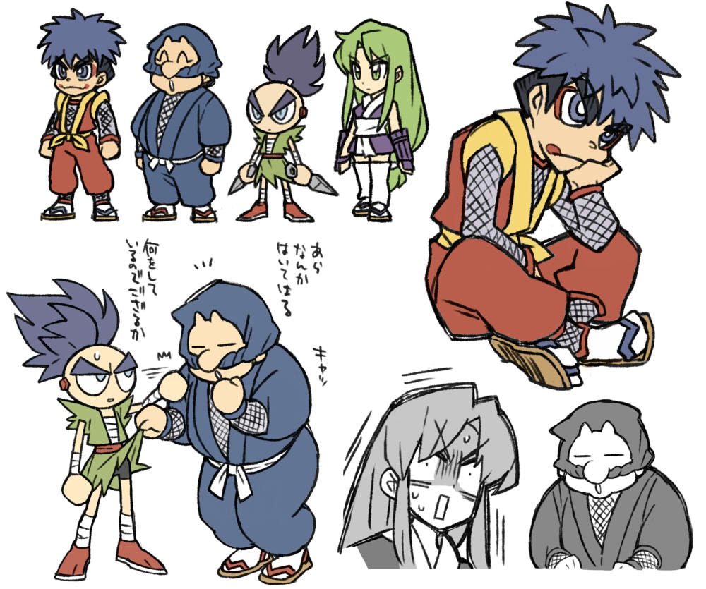 1girl 3boys assisted_exposure bike_shorts blue_eyes blue_hair bodysuit closed_eyes dread ebisumaru fishnet_armwear fishnet_bodysuit fishnets ganbare_goemon goemon green_eyes green_hair greyscale head_in_hand japanese_clothes kimono kunai long_hair low-tied_long_hair mask mechanical_hands monochrome multiple_boys ninja open_mouth purple_hair robot robot_ears sash sasuke_(ganbare_goemon) short_kimono sitting skirt skirt_lift spiky_hair sweatdrop thick_eyebrows thigh-highs topknot user_symz7244 very_long_hair weapon yae_(ganbare_goemon) zettai_ryouiki