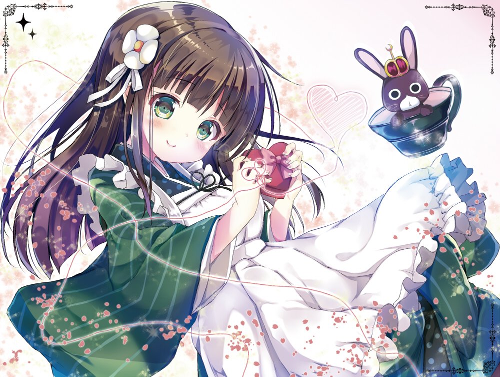 1girl ama_usa_an_uniform animal anko_(gochiusa) apron bangs blush bow box brown_hair closed_mouth commentary crown cup eyebrows_visible_through_hair fingernails flower frilled_apron frills gift gift_box gochuumon_wa_usagi_desu_ka? green_eyes green_kimono green_legwear hair_between_eyes hair_flower hair_ornament hair_ribbon head_tilt heart heart-shaped_pupils holding holding_box in_container in_cup japanese_clothes kimono long_hair long_sleeves maid_apron mini_crown neko_pan petals pink_bow pink_nails polka_dot rabbit ribbon smile sparkle striped striped_kimono striped_legwear symbol-shaped_pupils symbol_commentary teacup ujimatsu_chiya uniform vertical-striped_kimono vertical-striped_legwear vertical_stripes very_long_hair violet_eyes waitress white_apron white_flower white_ribbon wide_sleeves