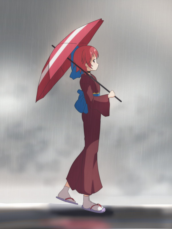 1girl alternate_costume black_choker blue_bow blue_sash bow cato_(monocatienus) choker clouds cloudy_sky commentary_request from_side full_body hair_bow holding holding_umbrella japanese_clothes kimono long_sleeves obi outdoors profile purple_footwear rain red_eyes red_kimono red_umbrella redhead sandals sash sekibanki sky socks solo touhou umbrella walking white_legwear wide_sleeves