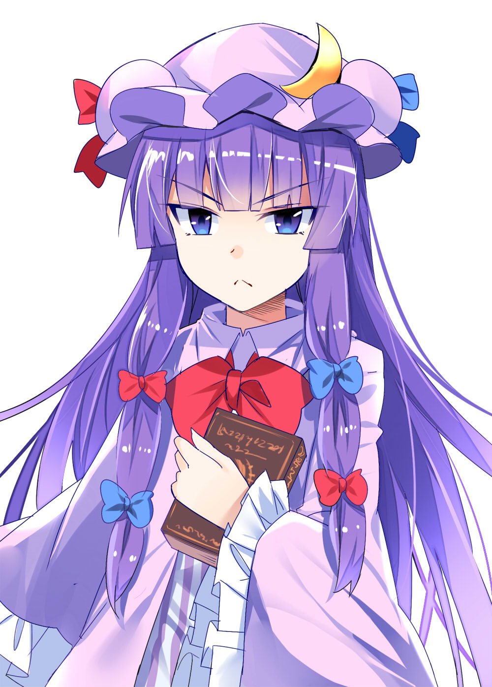 &gt;:( 1girl :&lt; bangs blue_bow blue_eyes blue_ribbon blunt_bangs book bow bowtie commentary_request crescent crescent_hair_ornament dress e.o. eyebrows_visible_through_hair frilled_sleeves frills hair_bow hair_ornament hat hat_ribbon highres holding holding_book long_hair long_sleeves looking_at_viewer mob_cap patchouli_knowledge purple_dress purple_hair purple_headwear red_bow red_neckwear red_ribbon ribbon sidelocks simple_background solo touhou tsurime upper_body very_long_hair white_background wide_sleeves