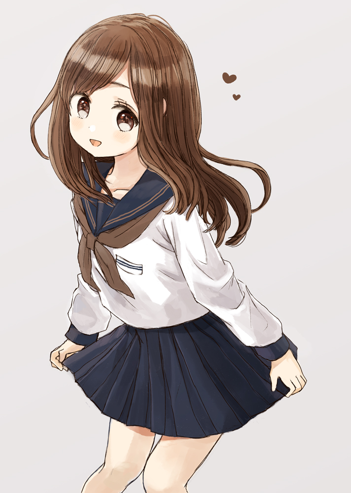 1girl :d bangs black_sailor_collar blue_skirt blush brown_eyes brown_hair brown_neckwear collarbone eyebrows_behind_hair grey_background long_hair long_sleeves looking_at_viewer nasuna neckerchief open_mouth original pleated_skirt sailor_collar shirt simple_background skirt skirt_hold sleeves_past_wrists smile solo white_shirt