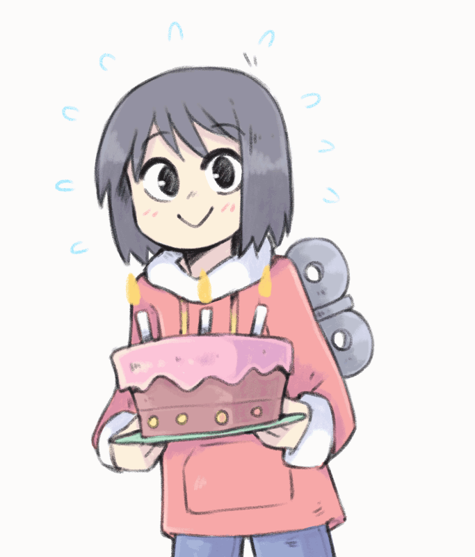 1girl animated animated_gif birthday_cake black_eyes black_hair blue_pants blush_stickers cake candle commentary english_commentary food graskip looking_at_viewer nichijou pants red_hoodie shinonome_nano smile solo winding_key