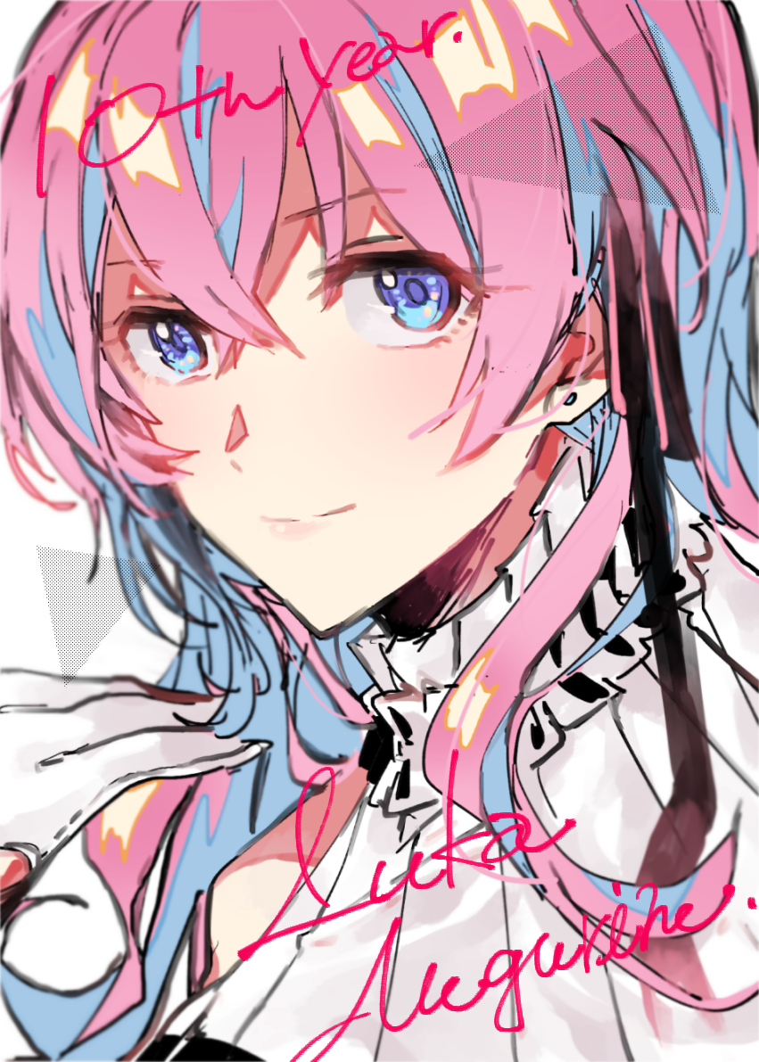 1girl anniversary blue_eyes blue_hair character_name close-up curly_hair earrings eyebrows_visible_through_hair face hair_between_eyes hand_on_own_chest happy jewelry long_hair looking_at_viewer megurine_luka miku_symphony_(vocaloid) mope multicolored_hair pink_hair polka_dot polka_dot_background simple_background smile solo streaked_hair triangle two-tone_hair vocaloid white_background