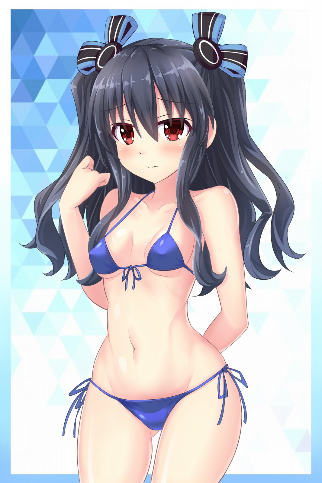 1girl arm_behind_back bikini black_hair blue_bikini blush breasts commentary_request covered_nipples cowboy_shot groin hair_between_eyes hair_ribbon hand_up highres kazuneko_(wktk1024) long_hair looking_at_viewer navel neptune_(series) red_eyes ribbon small_breasts solo swimsuit two_side_up uni_(neptune_series)