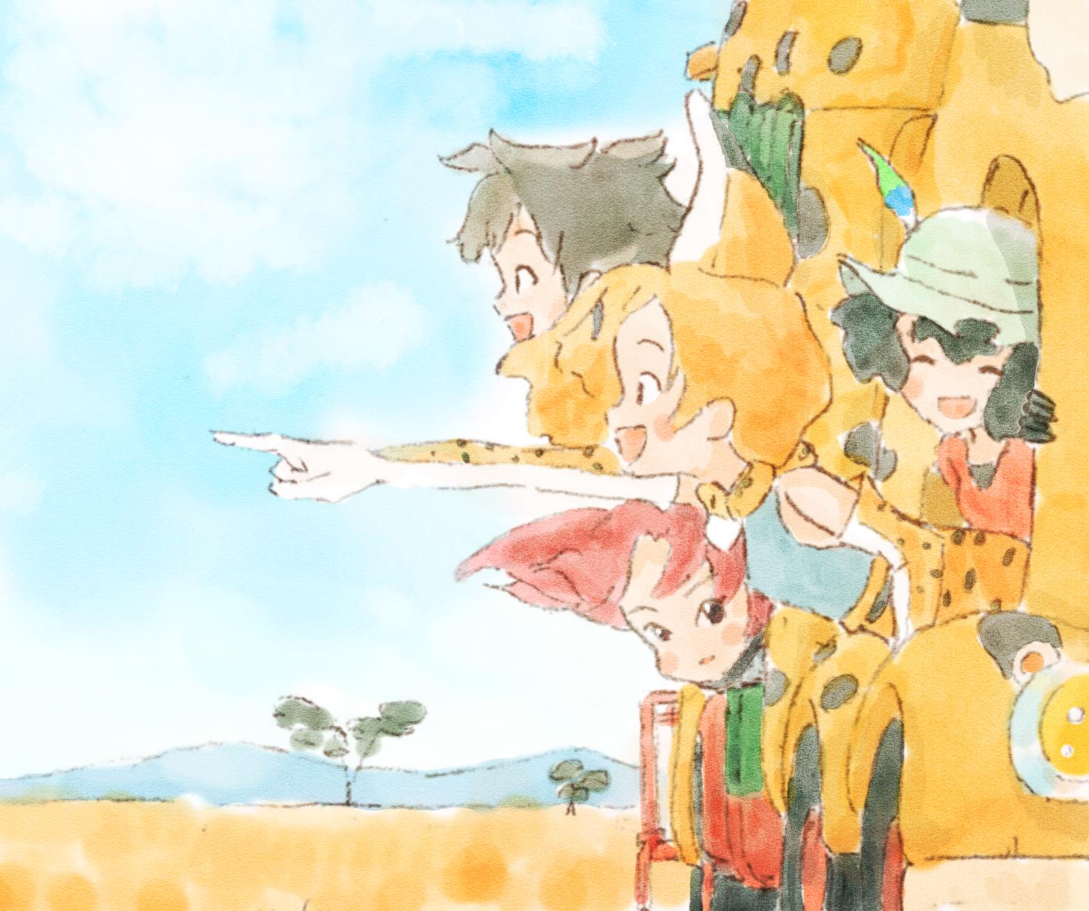 1boy 3girls :d ^_^ animal_ears black_hair blonde_hair blue_sky closed_eyes commentary creator_connection crossover day extra_ears hat hat_feather highres japari_bus kaban_(kemono_friends) kemono_friends kemurikusa looking_away multiple_girls open_mouth outdoors outstretched_arm pointing redhead rin_(kemurikusa) savannah serval_(kemono_friends) serval_ears short_hair sky smile traditional_media wakaba_(kemurikusa) yuki_yukki12