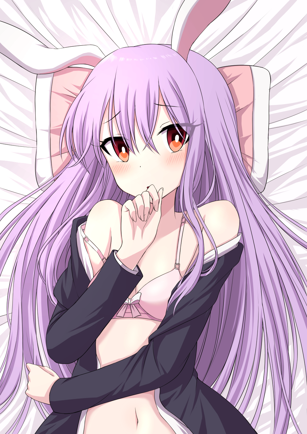 1girl animal_ears bangs bare_shoulders bed_sheet black_jacket blush bra breasts commentary_request covering_mouth hand_up highres jacket long_hair long_sleeves looking_at_viewer lying medium_breasts navel off_shoulder on_back open_clothes open_jacket parted_lips pillow pink_bra purple_hair rabbit_ears red_eyes reisen_udongein_inaba shirt solo stomach touhou tsukimirin underwear upper_body white_shirt