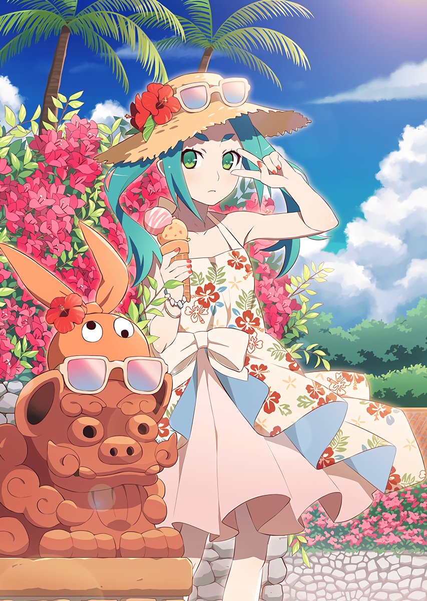 1girl aqua_hair artist_request closed_mouth day dress eyebrows eyewear_on_headwear floral_print flower food green_eyes hat hat_flower hibiscus highres ice_cream ice_cream_cone looking_at_viewer monogatari_(series) official_art ononoki_yotsugi palm_tree red_nails short_eyebrows solo source_request straw_hat sun_hat sundress sunglasses thick_eyebrows tree tropical twintails v v_over_eye