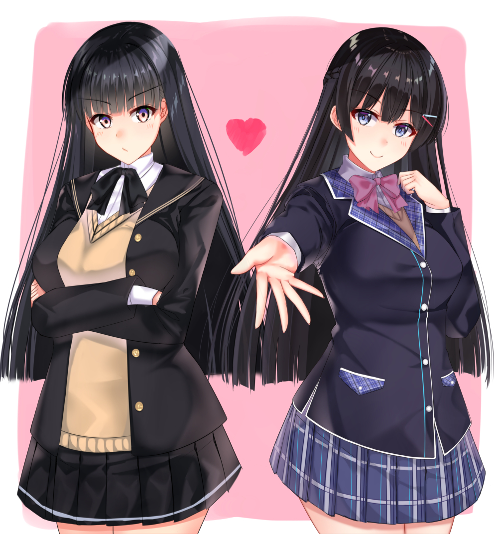 2girls amagami ayatsuji_tsukasa black_hair black_jacket black_skirt blazer blue_eyes bow bowtie brown_eyes buttons cardigan closed_mouth commentary cowboy_shot crossed_arms heart jacket long_hair looking_at_viewer miniskirt mukatsukulsp multiple_girls nijisanji open_clothes open_jacket outstretched_hand pink_background pink_bow plaid plaid_skirt pleated_skirt school_uniform simple_background skirt smile standing tsukino_mito uniform virtual_youtuber