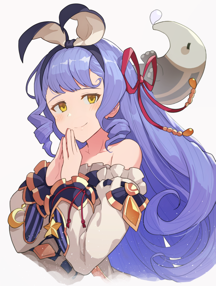 1girl bangs bare_shoulders breasts collarbone dress drill_hair flush granblue_fantasy hair_ribbon hairband hinami_(hinatamizu) lavender_hair long_hair looking_at_viewer ribbon ringlets simple_background smile solo steepled_fingers upper_body very_long_hair vetor_(granblue_fantasy) white_background yellow_eyes