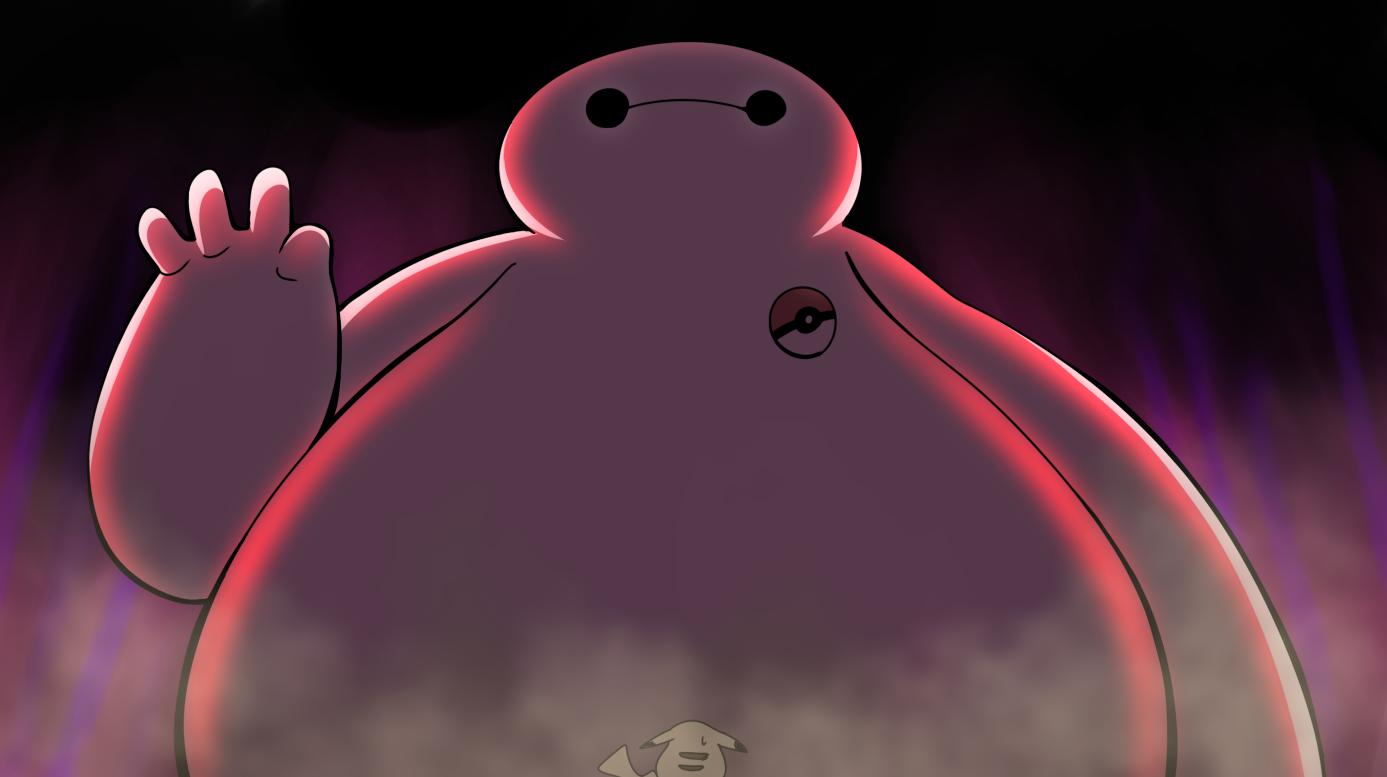 baymax big_hero_6 dust_cloud dynamax gameplay_mechanics gen_1_pokemon giant no_humans pikachu poke_ball pokemon pokemon_(game) pokemon_swsh pun size_difference sweatdrop tail waving