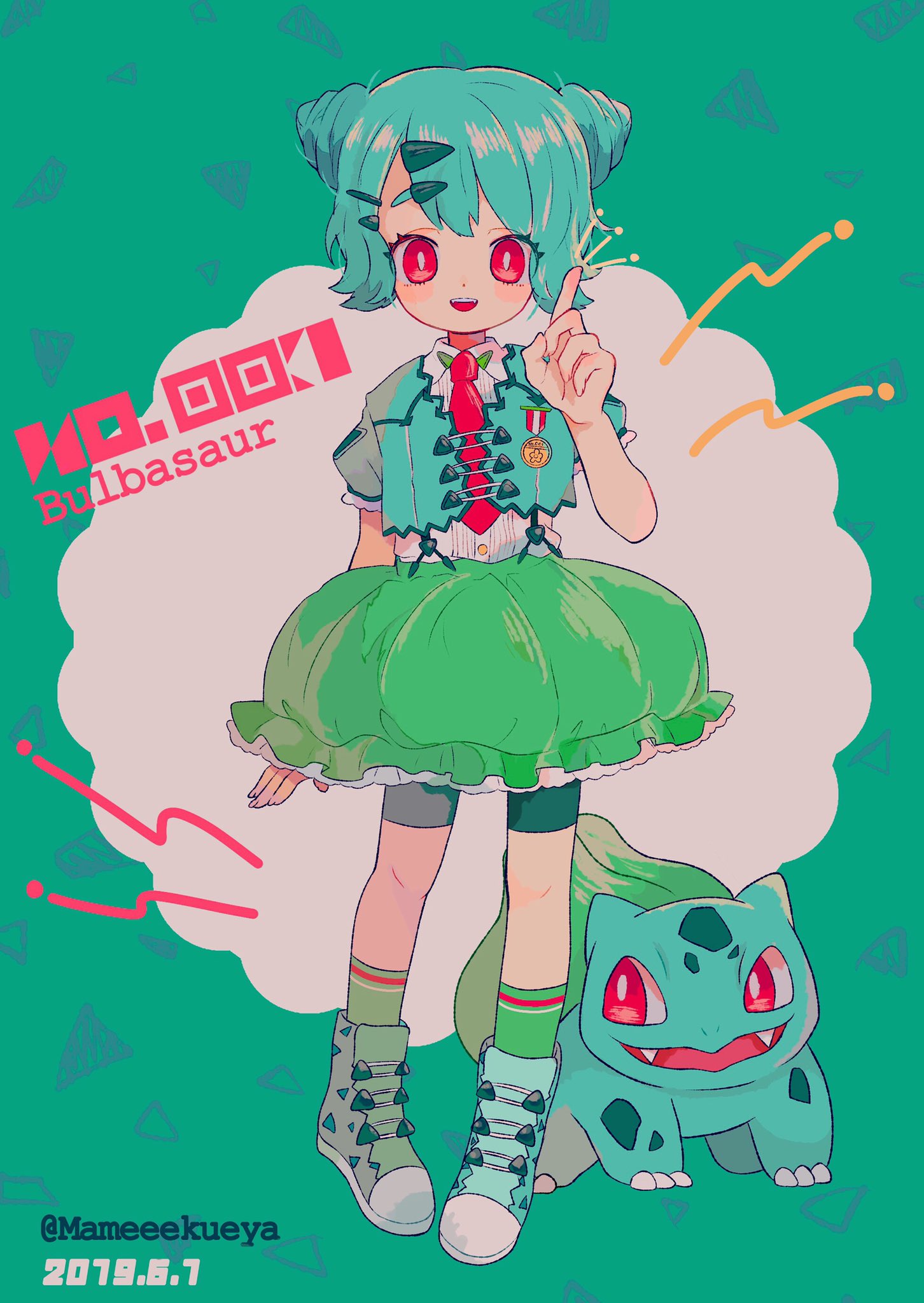 1girl 2019 bangs bubble_skirt bulbasaur character_name creature_and_personification dated double_bun eyes_visible_through_hair frilled_skirt frills full_body gijinka green_legwear green_skirt hair_bun hair_ornament hairclip hand_up highres index_finger_raised looking_at_viewer mameeekueya moemon necktie number open_mouth personification pokemon pokemon_(creature) pokemon_number red_eyes red_neckwear shoes short_sleeves skirt smile socks standing twitter_username
